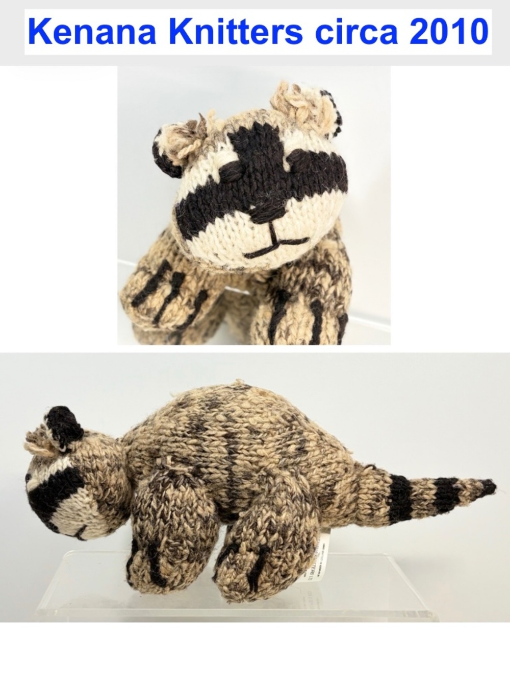 Kenana Knitters hand knitted WOOL Natural 12" Raccoon 2010 - Handmade in Kenya